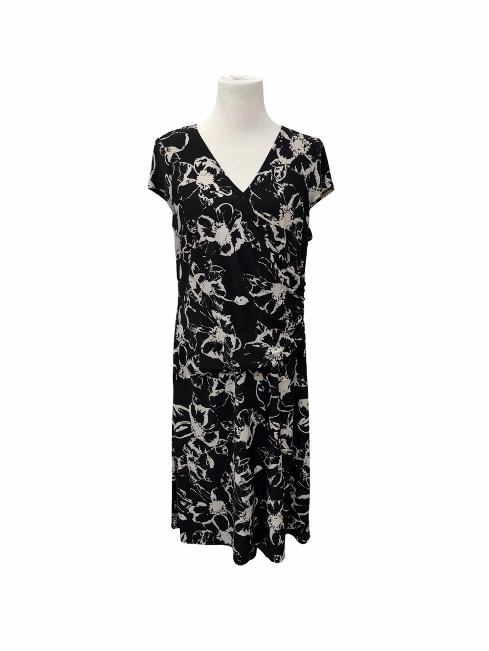 Jones New York Floral Wrap Dress Black White 14W